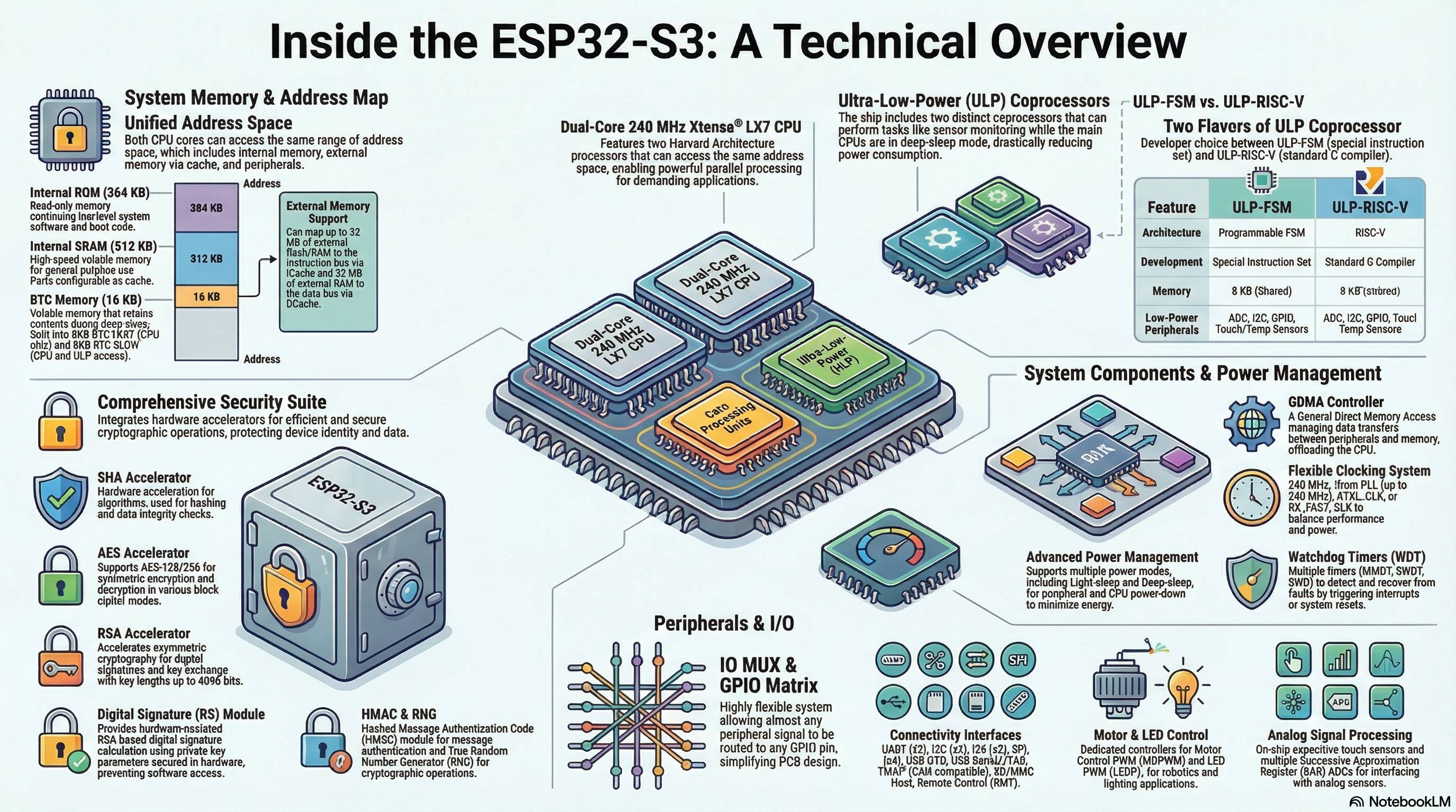Inside the ESP32-S3: A Technical Overview infographic showing system architecture including memory map, dual-core CPU, ULP coprocessors, security suite, peripherals, and power management